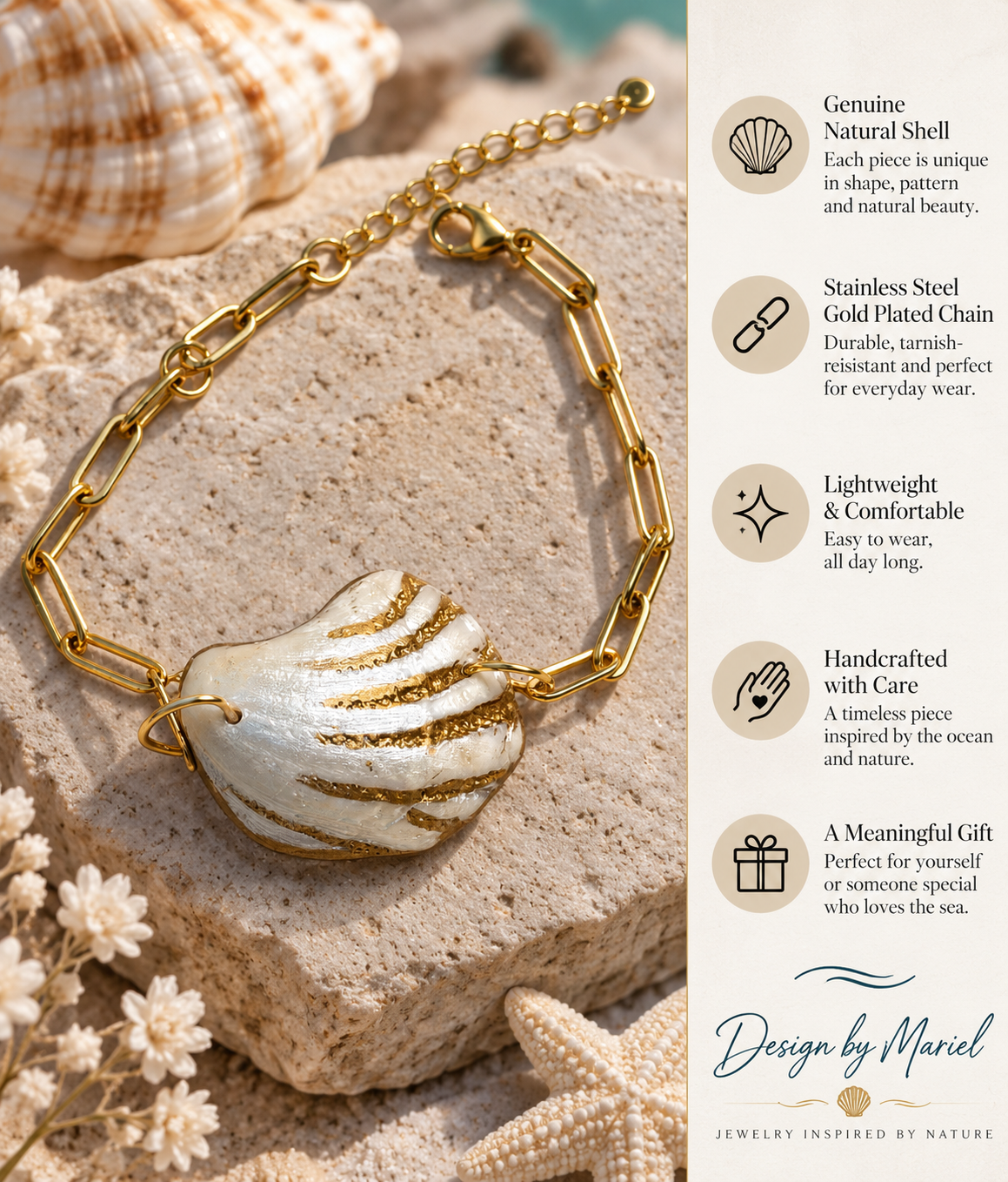 Shell & Gold Bracelet- Wire Wrapped - Paper Clip Stainless Steel Chain
