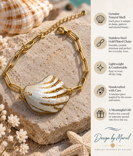 Shell & Gold Bracelet- Wire Wrapped - Paper Clip Stainless Steel Chain