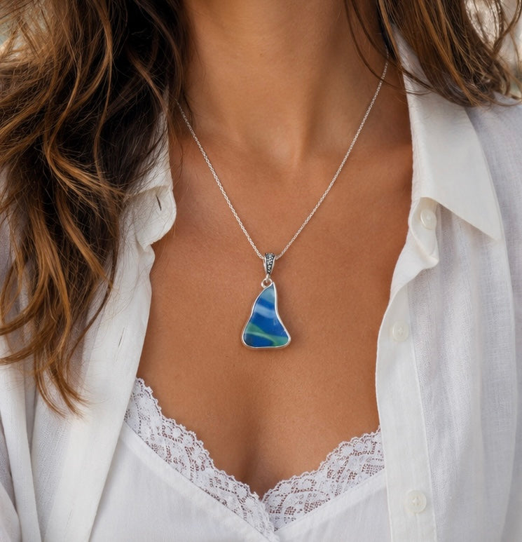 Handcrafted Murano-Style Glass Pendant, Silver Plated Wire Wrapped Necklace, Unique Artisan Jewelry, Elegant Coastal Accessory