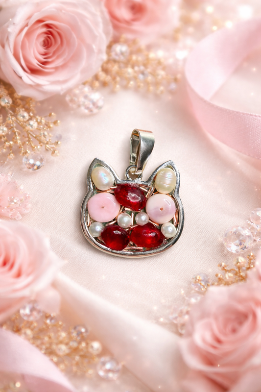 Handmade Cat Pendant Necklace - Pink Opal, Garnet & Pearls - Valentine