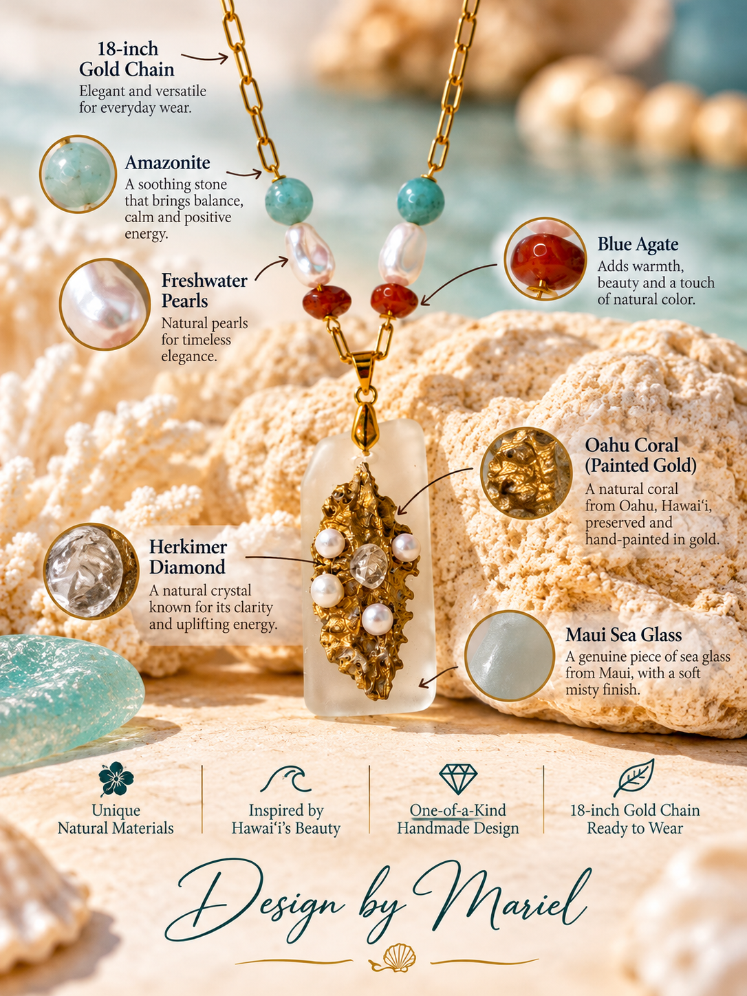 Hawaiian Sea Glass Necklace, Gold Coral Pendant, Freshwater Pearl Jewelry, Amazonite & Herkimer Diamond, One of a Kind Gift
