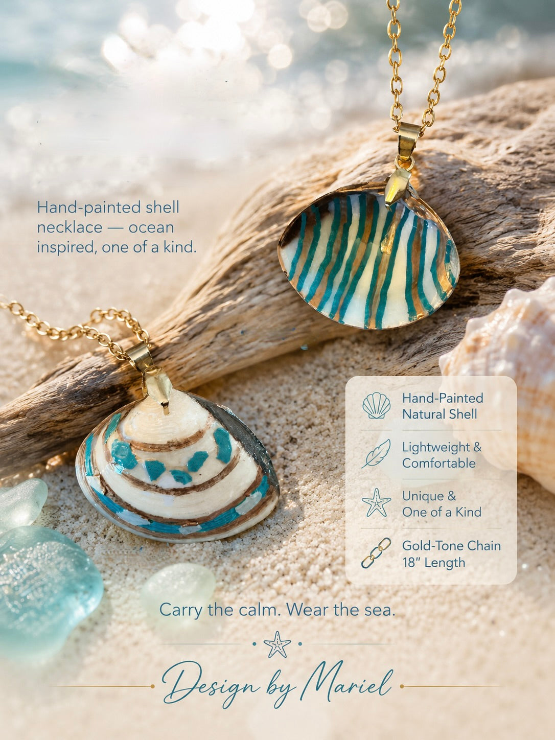 Two hand-painted natural shell necklaces with gold-tone chains are displayed on driftwood and sand with ocean-themed bokeh background. One necklace has a cream base with teal and brown swirls, and the other has a teal and brown zebra-like pattern.