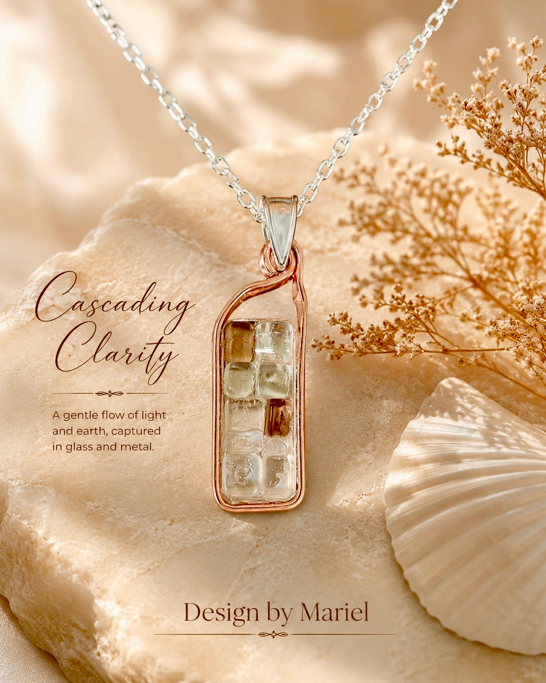 Cascading Clarity: One-of-a-Kind Glass & Rose Gold Pendant Necklace