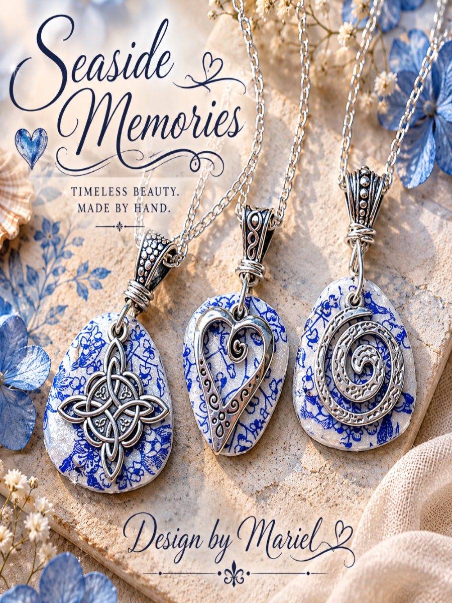 Three silver necklaces with blue and white pendant designs on a textured surface with flowers.