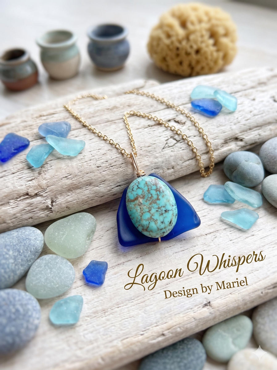 Necklace with blue and turquoise stones on a wooden surface with sea glass and small pots.
