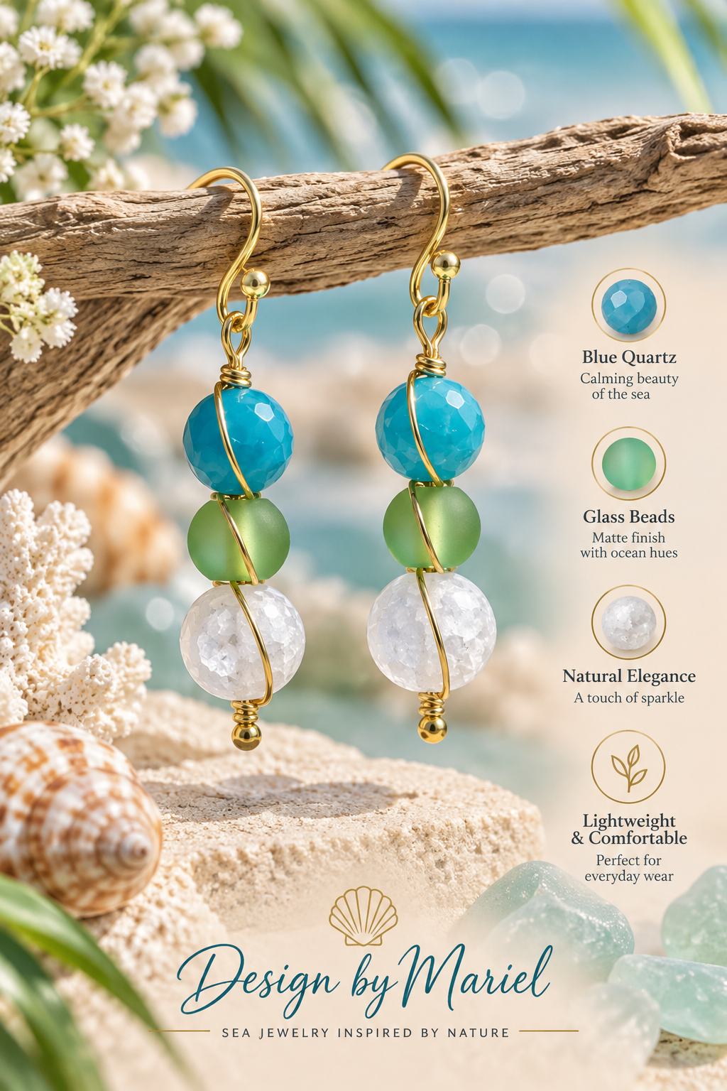 Blue Quartz Dangle Earrings, Sea Glass Inspired Earrings, Handmade Glass Bead Earrings, Coastal Jewelry, Gold Wire Wrapped Earrings