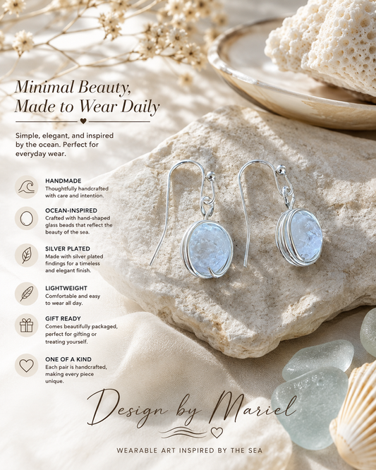 Ocean Whisper Blue Glass Earrings, Minimalist Silver Earrings, Ocean Inspired Jewelry, Handmade Everyday Earrings, Wearable Art