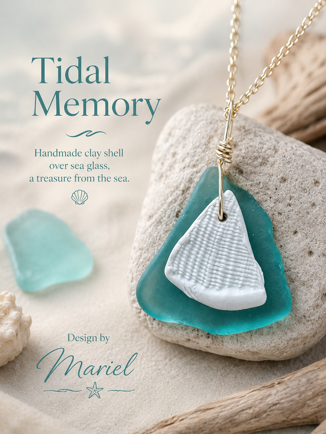 Necklace with a white shell and teal sea glass pendant on a beach setting with sand and shells.