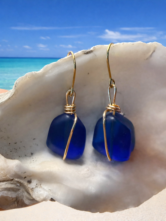 Blue sea glass earrings on a shell with a beach background