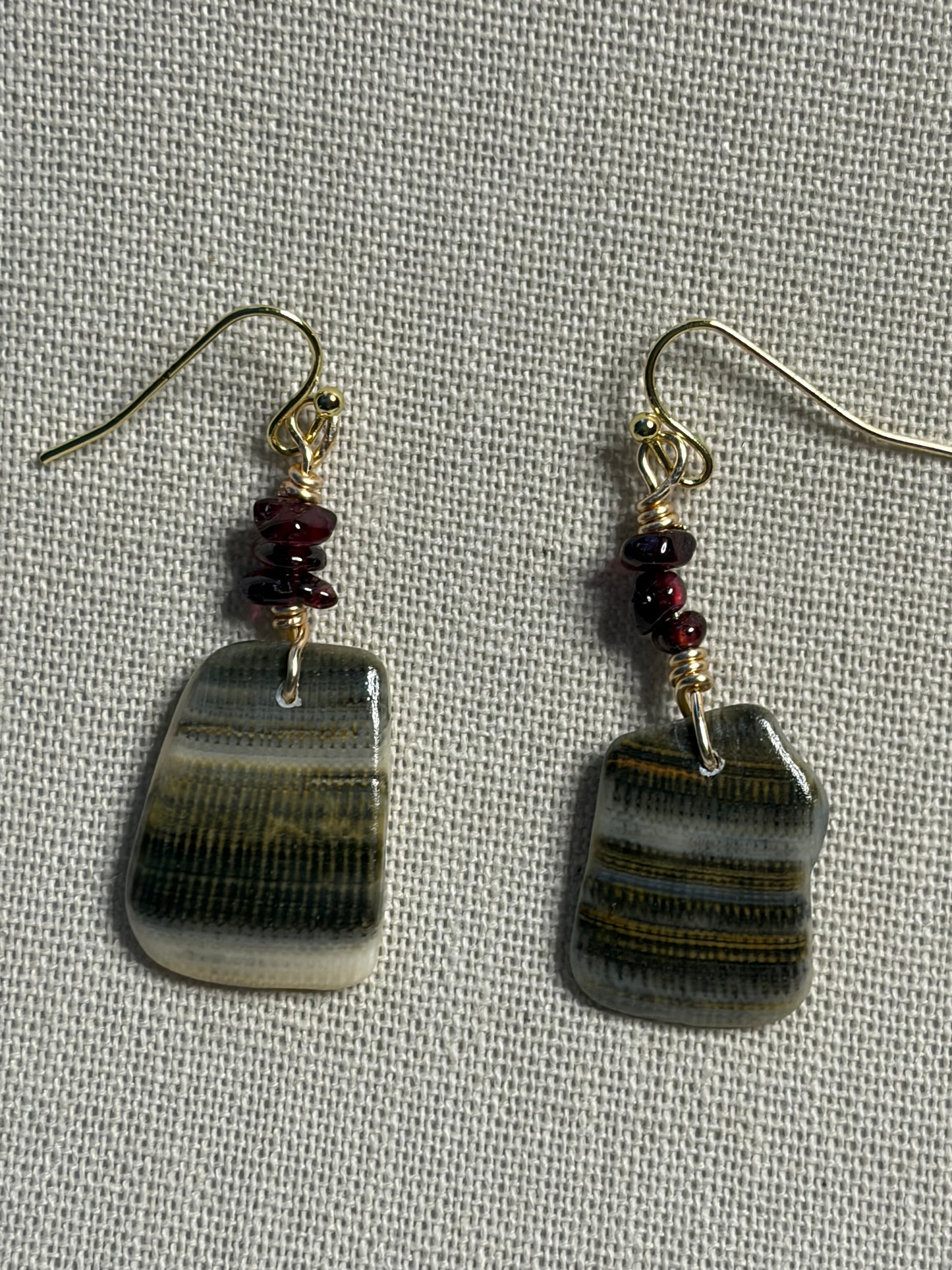 Gray Shell Garnet Earrings, Natural Shell Dangle Earrings, Burgundy Garnet Jewelry, 18K Gold Plated Hypoallergenic Earrings
