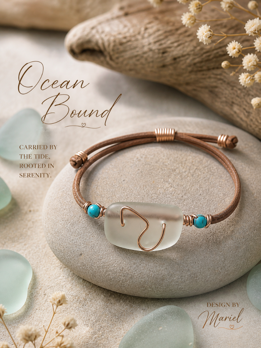 Bracelet with a heart-shaped sea glass charm on a stone surface with 'Ocean Bound' text.