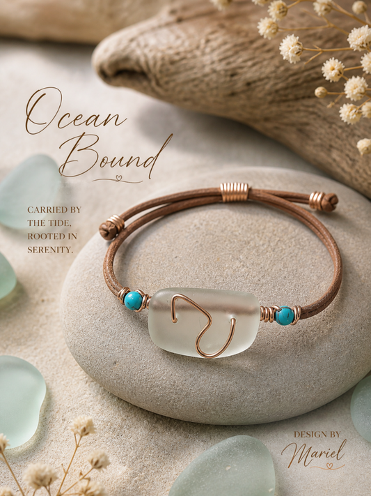 Bracelet with a heart-shaped sea glass charm on a stone surface with 'Ocean Bound' text.