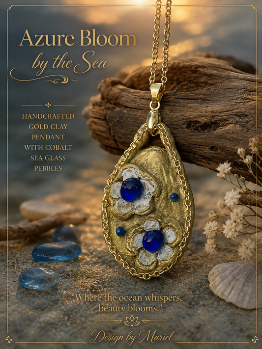 Gold pendant with blue and white elements on a wooden surface with text 'Azure Bloom by the Sea'.
