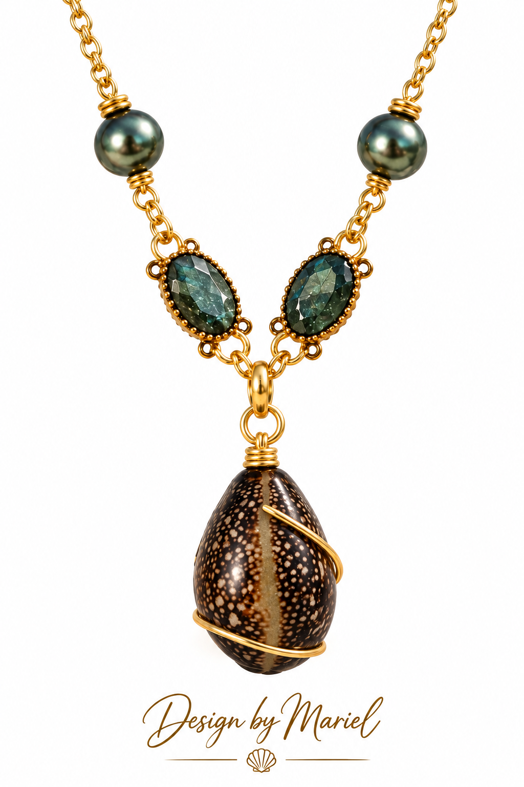 Maui Cowry Shell Necklace, Green Pearl and Gemstone Pendant, Ocean Inspired Necklace