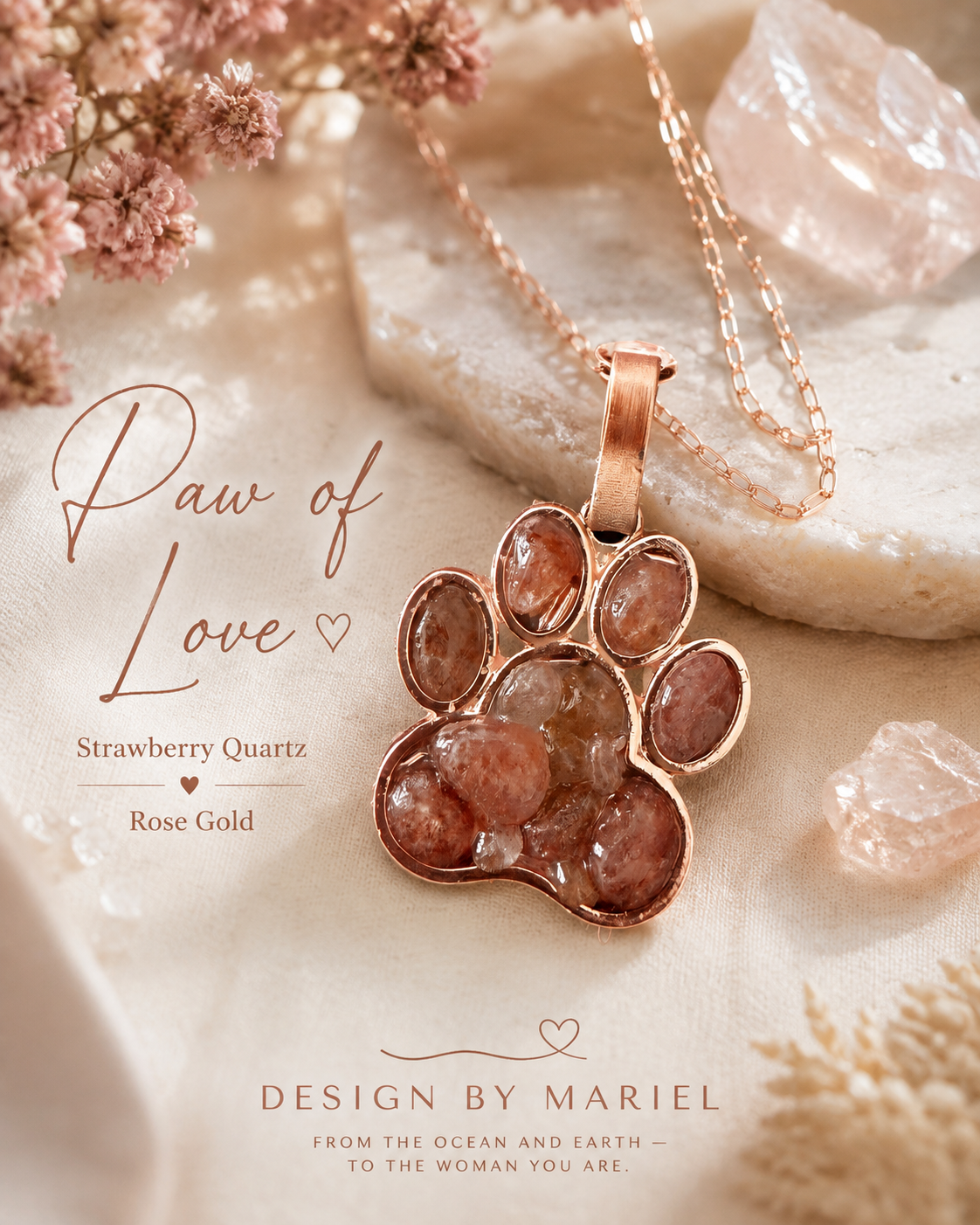 Strawberry Quartz Paw Print Necklace | Rose Gold Pendant | Pet Memorial Jewelry | Dog & Cat Lover Gift | Handmade Crystal Necklace