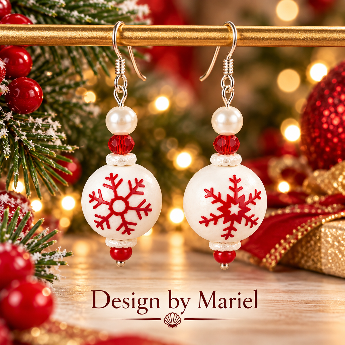 Christmas Red and Green Dangle Earrings, Sea Glass Style Holiday Jewelry, Gold Tone Handmade Earrings, Festive Christmas Gift for Her