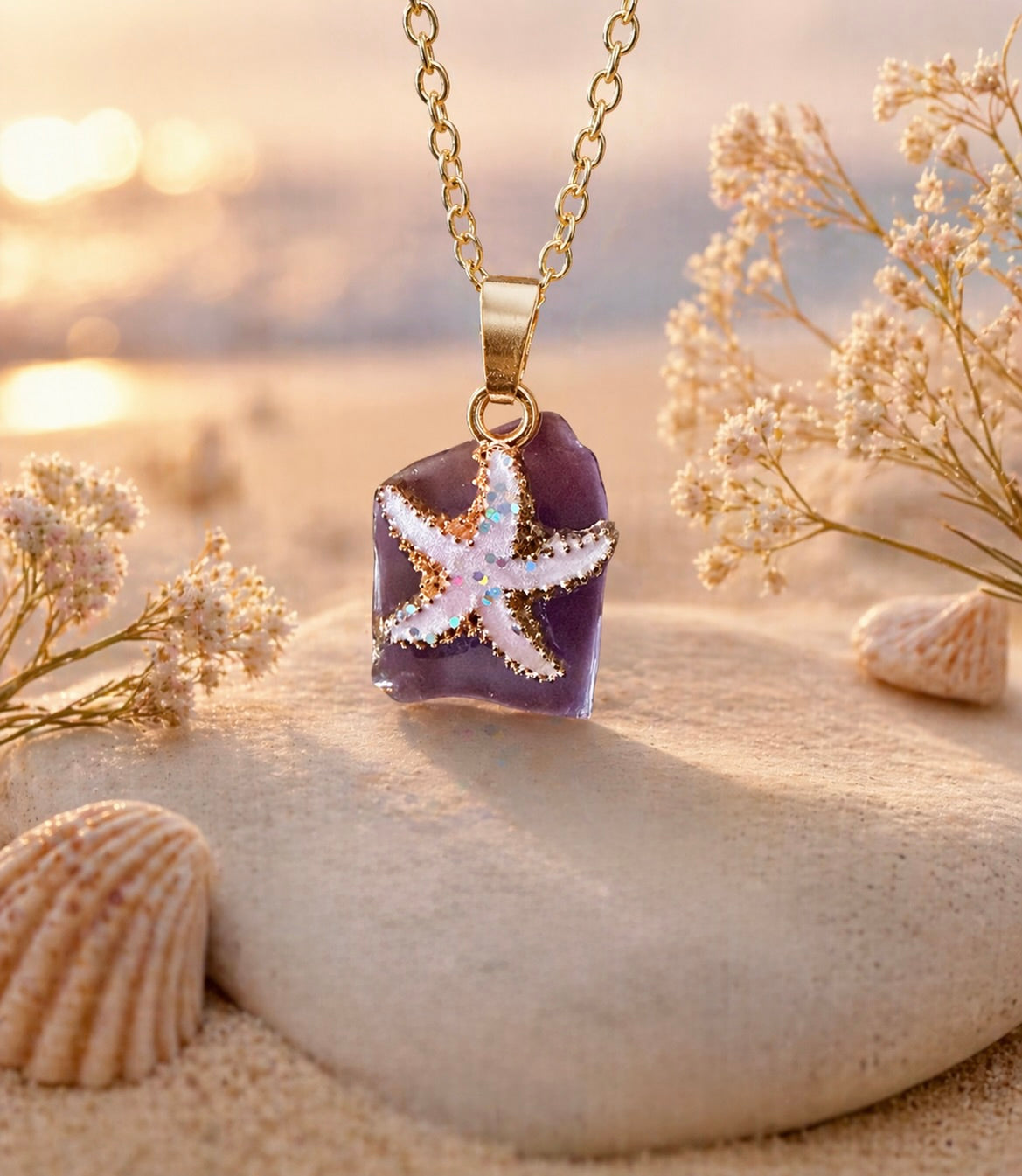 Sea Glass Starfish Necklace - Gold Chain Coastal Jewelry