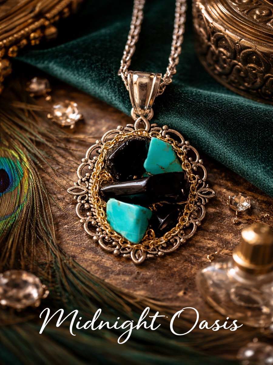Jewelry set with a pendant featuring turquoise stones and black stones on a textured surface with 'Midnight Oasis' branding.