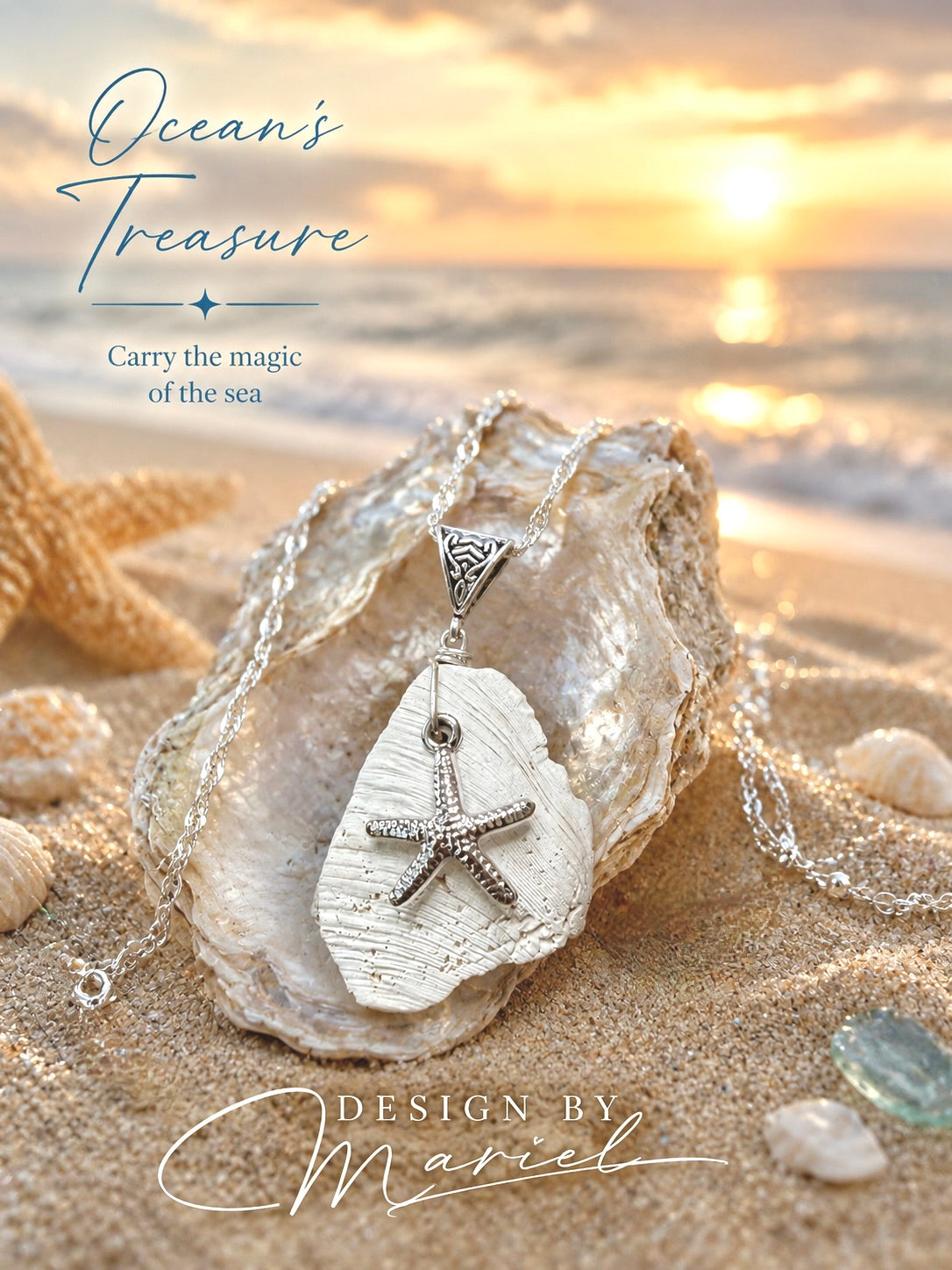 Sterling Silver Starfish Pendant on Genuine Oyster Shell | Coastal Beach Necklace | Handcrafted Ocean Jewelry
