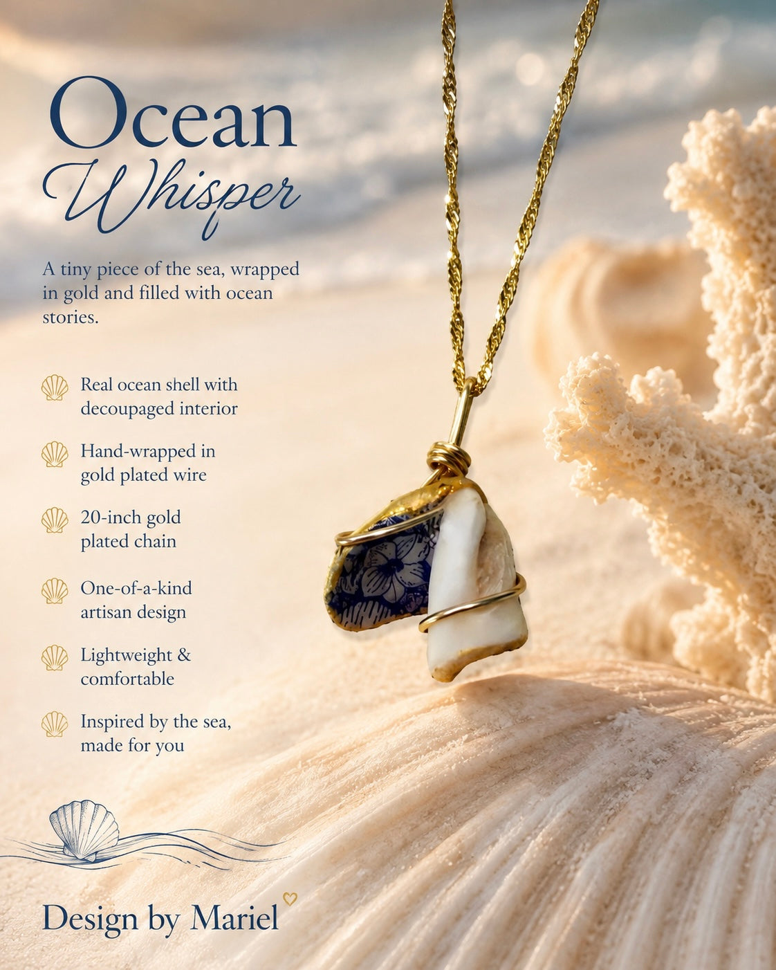 Ocean Whisper - One-of-a-Kind Ocean Shell Necklace. Decoupaged Ocean Shell Pendant, Gold Wrapped Coastal Jewelry, One of a Kind Beach Inspired Necklace
