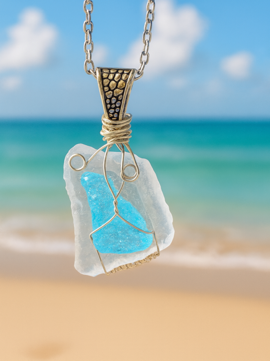 Necklace with a pendant featuring a blue stone against a beach background