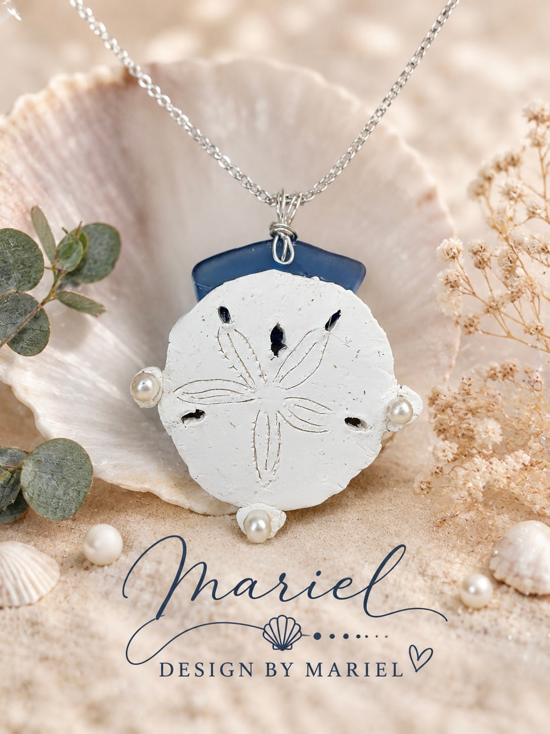 Sand Dollar Sea Glass & Clay Necklace | Coastal Handmade Jewelry | Beach Pendant