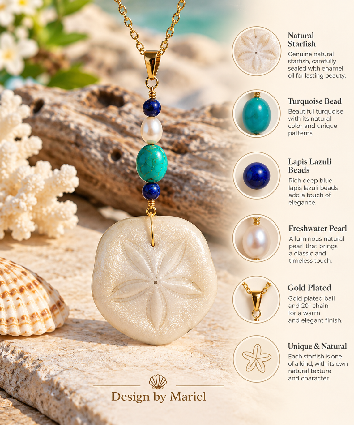 Natural Sand Dollar Necklace, Turquoise & Lapis Lazuli Jewelry, Freshwater Pearl, Coastal Beach Jewelry