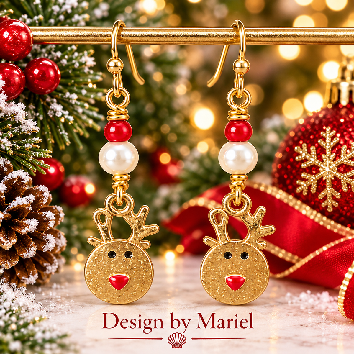 Christmas Red and Green Dangle Earrings, Sea Glass Style Holiday Jewelry, Gold Tone Handmade Earrings, Festive Christmas Gift for Her