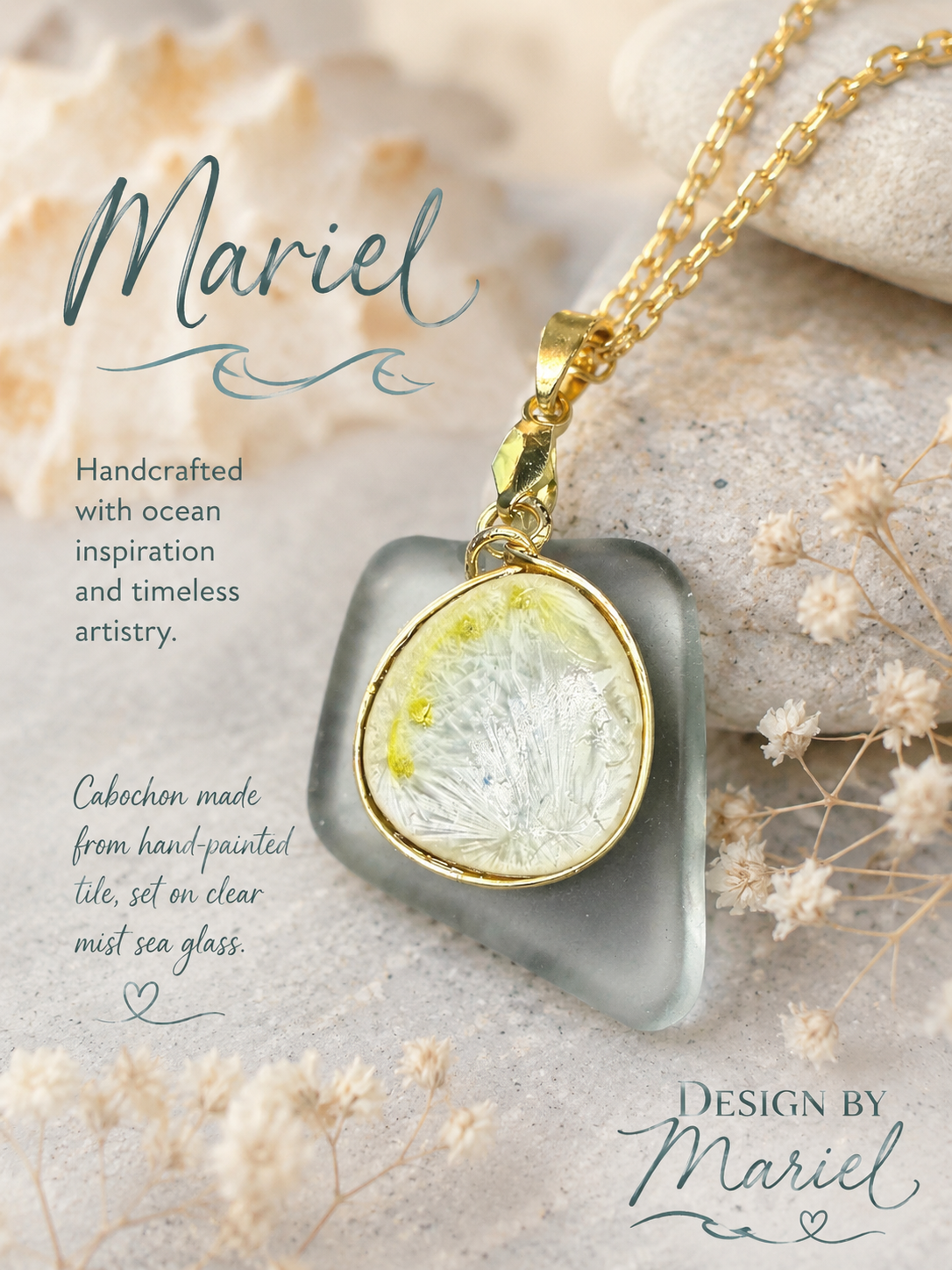 Whispering Tide Pendant | Hand-Painted Tile Cabochon on Clear Mist Sea Glass