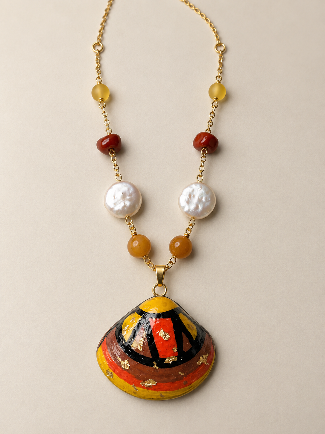 Hand Painted Shell Statement Necklace, Colorful Coastal Jewelry, Artisan Pendant