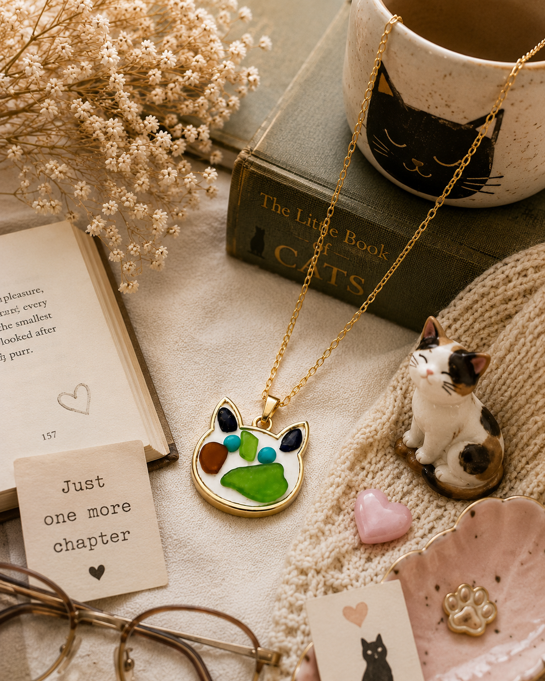 Handmade Sea Glass Cat Mosaic Necklace - Mermaid Cat - Gold Bezel Pendant
