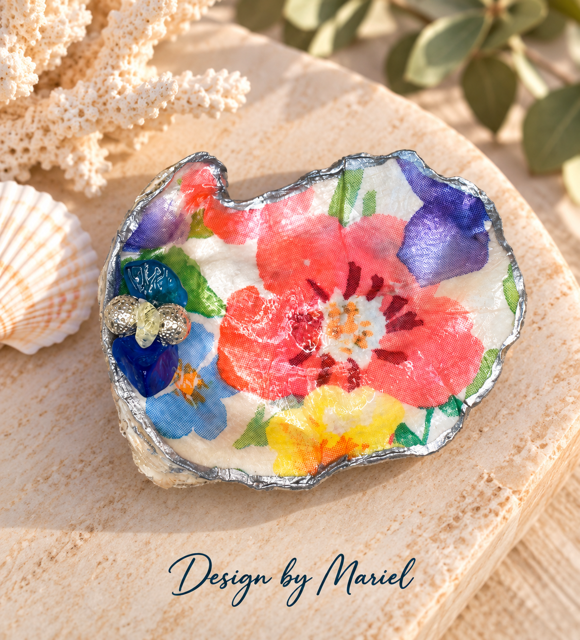 Handcrafted Oyster Shell Art | Gold/Silver Filigree & Colorful Sea Glass Mosaic | Coastal Decor | One of a Kind Ocean Inspired Gift