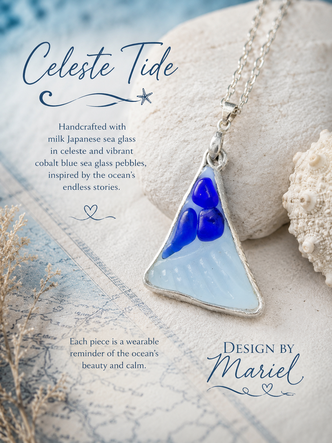 Triangular pendant necklace with blue and white design on a textured surface with 'Celeste Tide' branding.