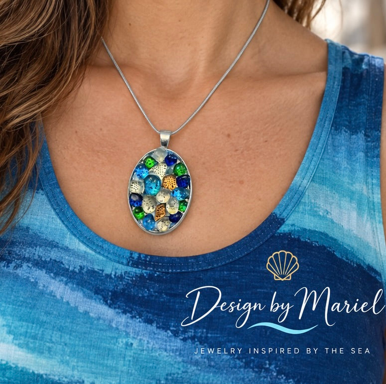 Ocean Mosaic Sea Glass Pendant Necklace - Handmade Coastal Jewelry