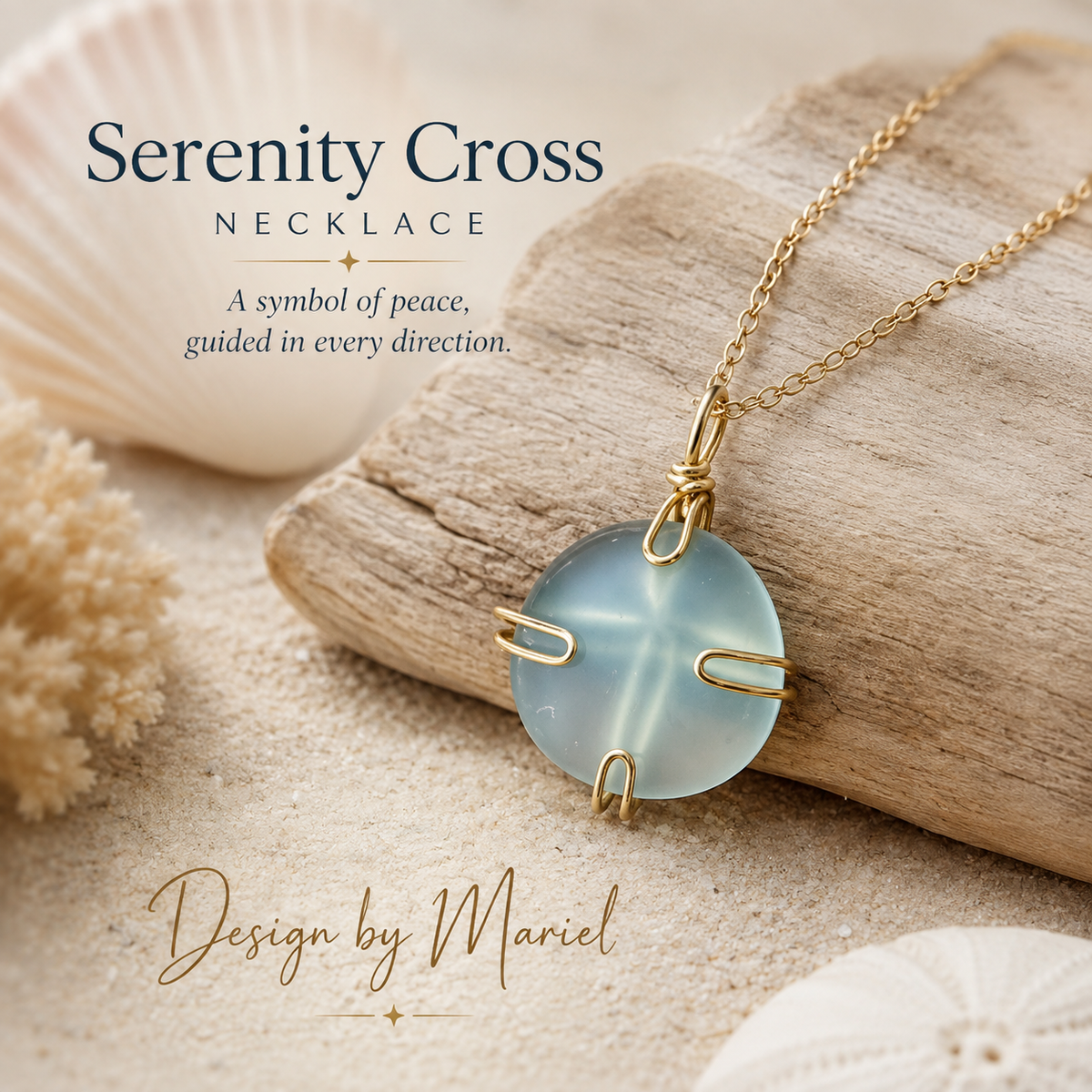 Serenity Cross Necklace, Clear Glass Pendant, Gold Tone Handmade Necklace, Coastal Jewelry, Beach Inspired Gift, Design by Mariel