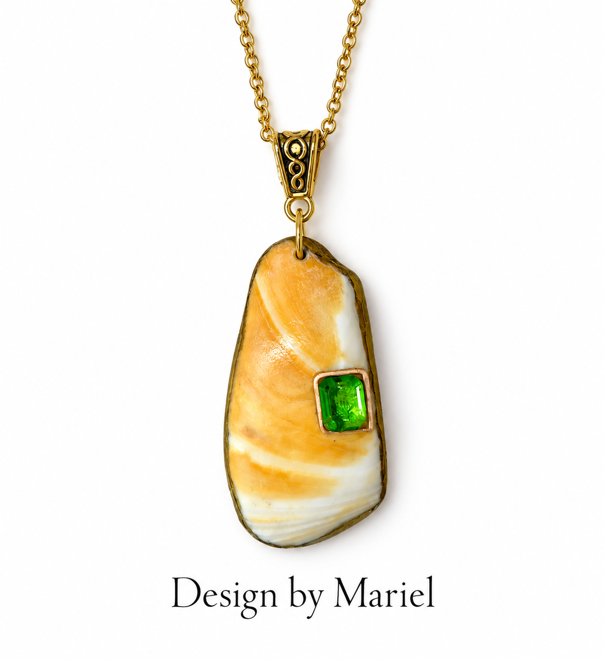 Shell Necklace with Lab-Grown Emerald, Gold Paperclip Chain, Texas Coastal Jewelry, One of a Kind Pendant