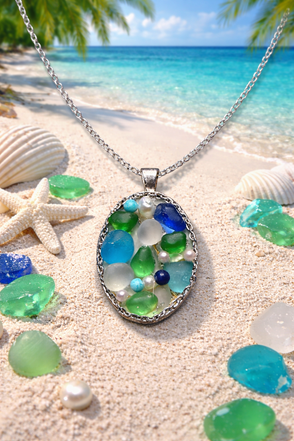 Ocean Mosaic Sea Glass Pendant Necklace - Handmade Coastal Jewelry