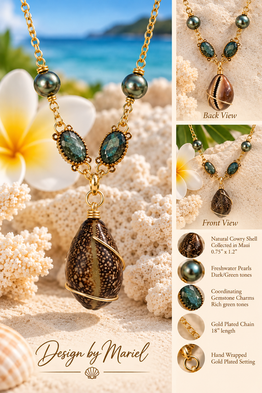 Maui Cowry Shell Necklace, Green Pearl and Gemstone Pendant, Ocean Inspired Necklace