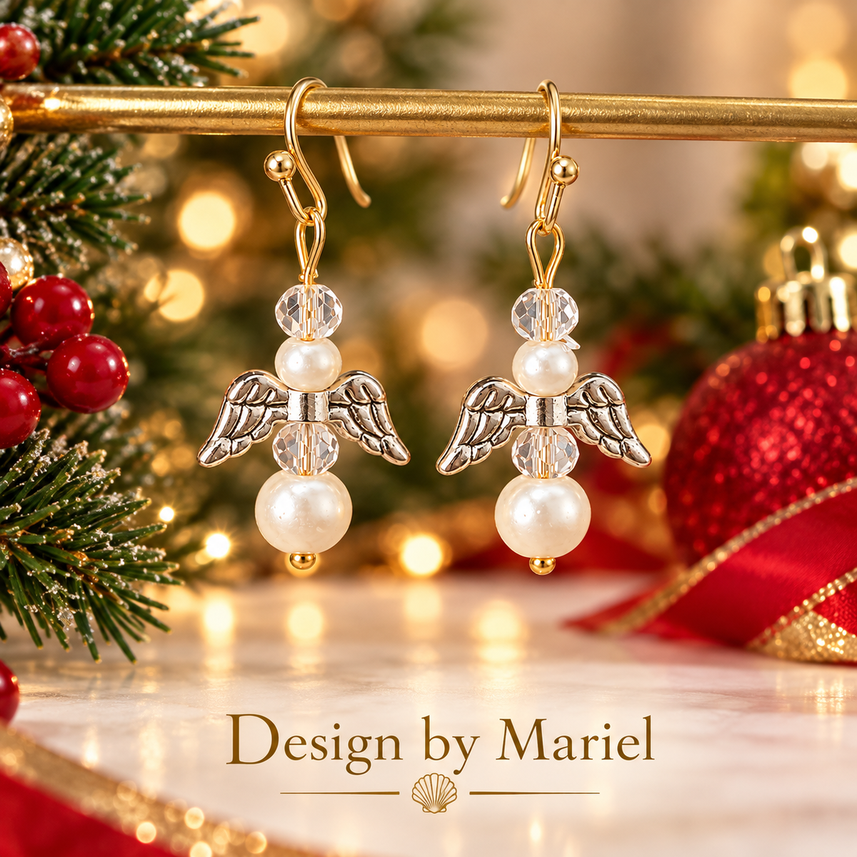 Christmas Red and Green Dangle Earrings, Sea Glass Style Holiday Jewelry, Gold Tone Handmade Earrings, Festive Christmas Gift for Her