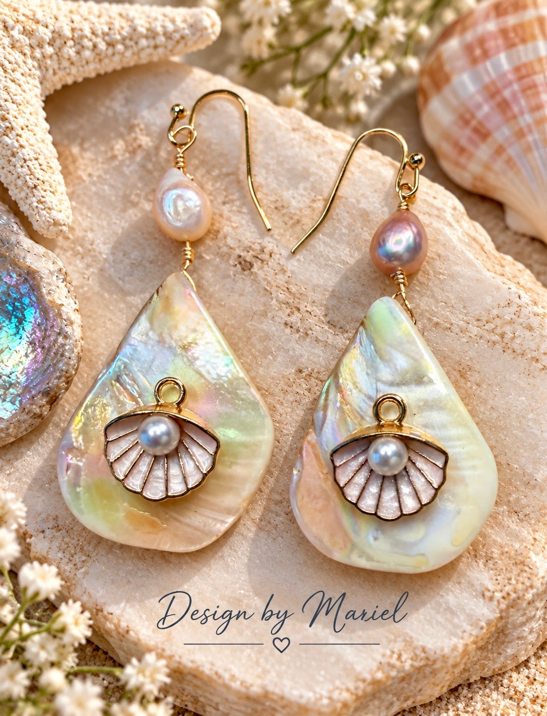 Iridescent Shell Earrings with Pearls, Mother of Pearl Teardrop Earrings, Coastal Jewelry, Seashell Handmade Earrings
