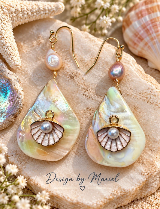 Iridescent Shell Earrings with Pearls, Mother of Pearl Teardrop Earrings, Coastal Jewelry, Seashell Handmade Earrings