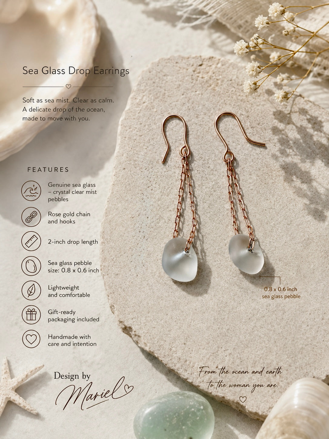 Crystal Clear Sea Glass Earrings, Rose Gold Drop, Minimalist Beach Jewelry, Handmade