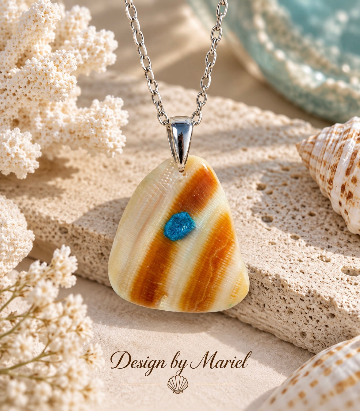 Gulf Coast Shell Necklace with Turquoise Inlay, Handmade Beach Jewelry, Sea Shell Pendant, Coastal Jewelry