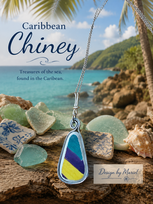 Caribbean Chiney Sea Pottery Necklace, Handcrafted Blue Yellow Purple Pendant