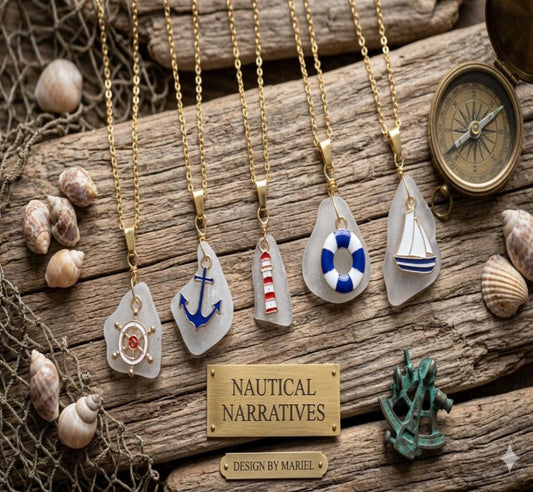 Nautical-themed necklaces on a wooden surface with shells and a compass.