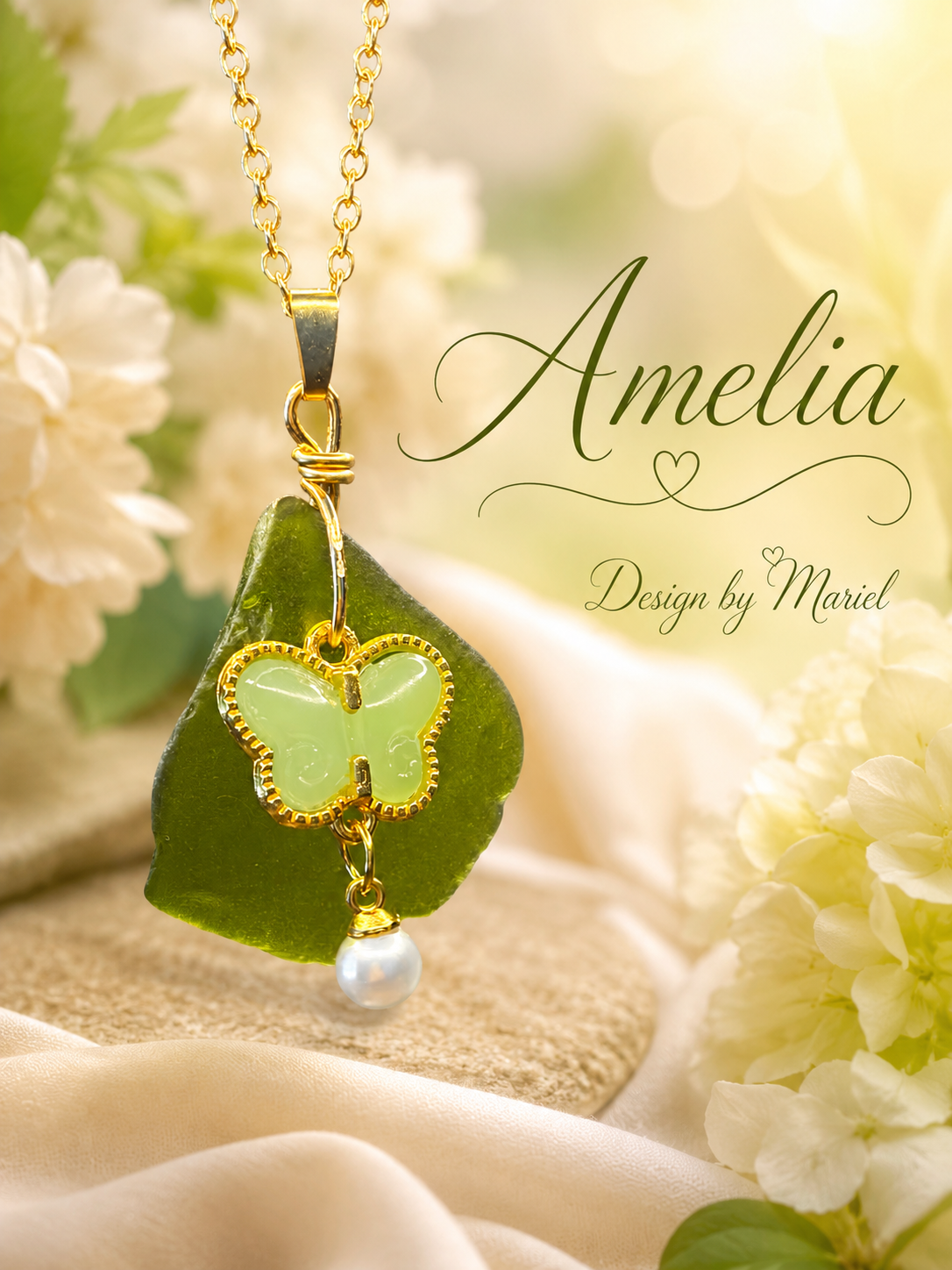 Sea Glass Butterfly Necklace | Green Sea Glass Pendant | Gold Plated Wire Wrapp