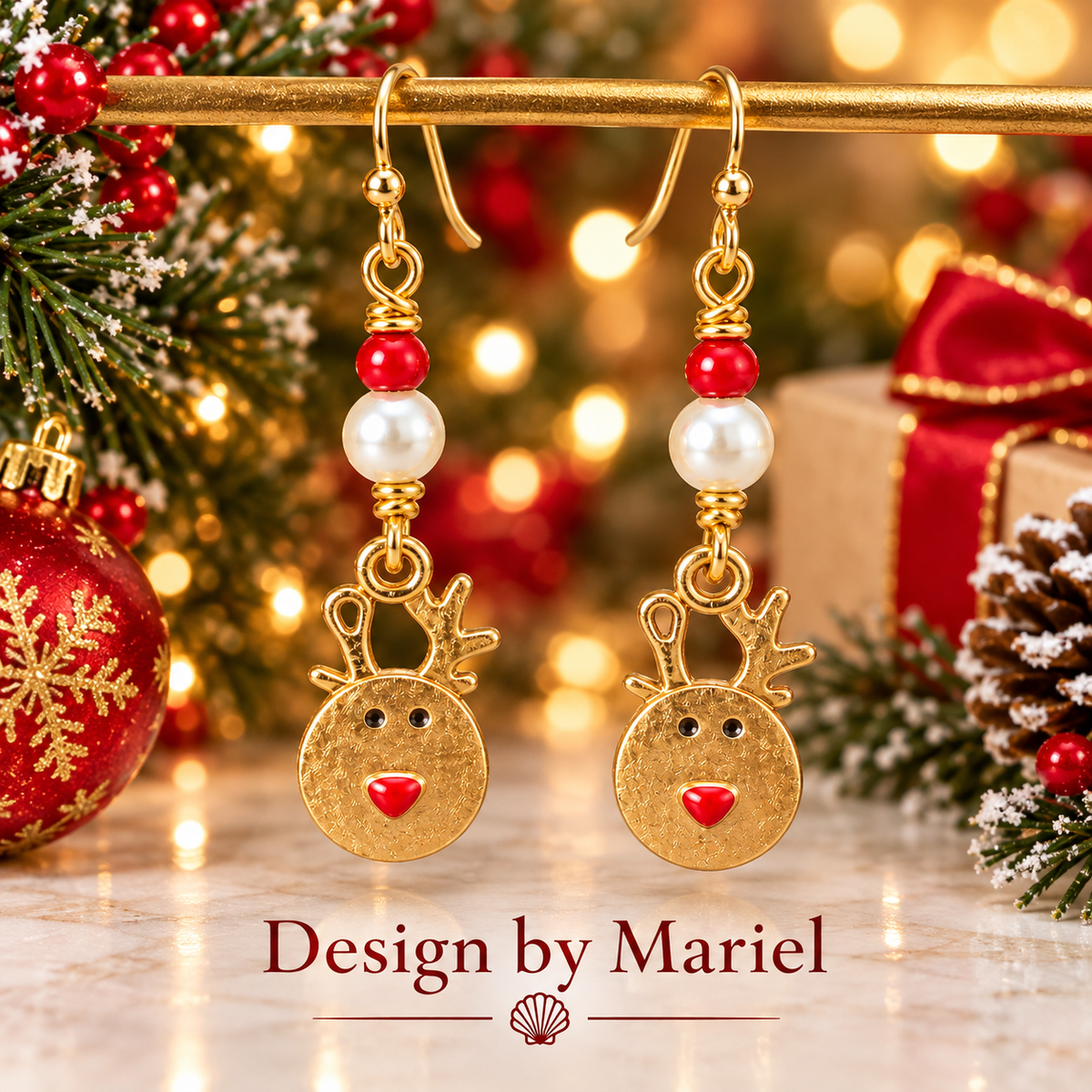 Christmas Red and Green Dangle Earrings, Sea Glass Style Holiday Jewelry, Gold Tone Handmade Earrings, Festive Christmas Gift for Her