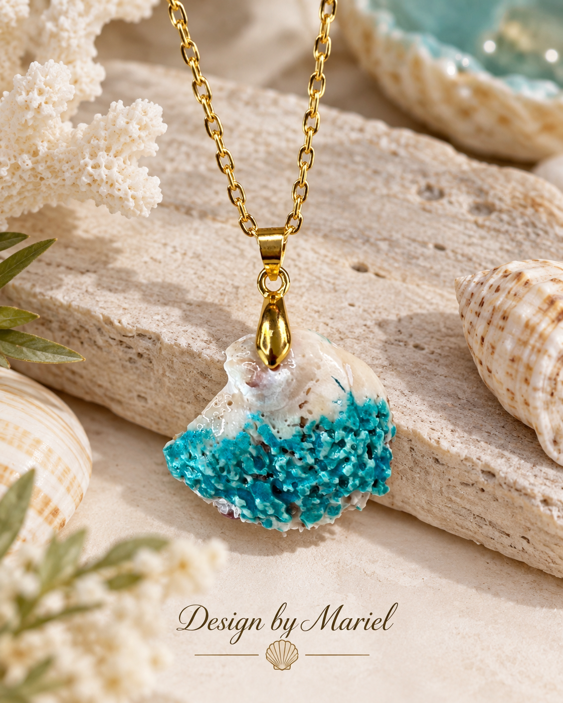 Gulf Coast Shell Necklace with Turquoise Inlay, Handmade Beach Jewelry, Sea Shell Pendant, Coastal Jewelry