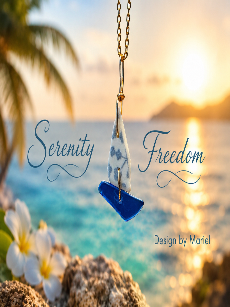 Necklace with a blue pendant against a scenic ocean backdrop with 'Serenity' and 'Freedom' text.
