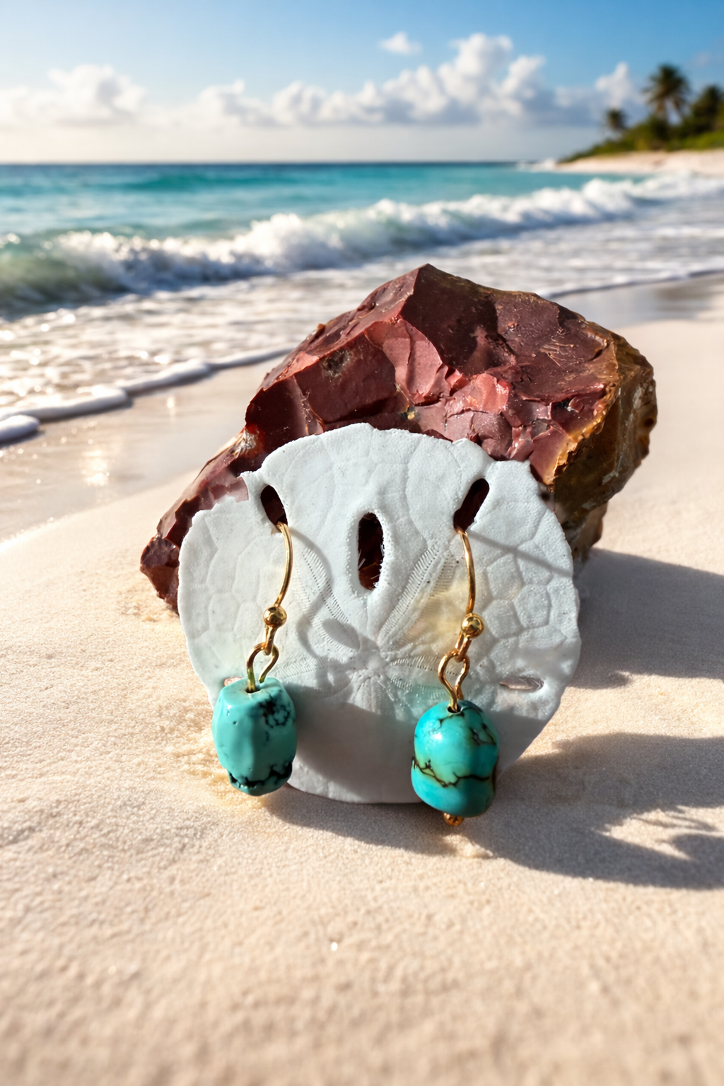 Turquoise drop earrings with gold hooks displayed on a white sand dollar shell over a rock, set on a sandy beach with the ocean and sky in the background.